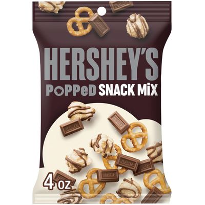 HERSHEY'S Milk Chocolate, Popcorn and Pretzel Popped Snack Mix Bag, 4 oz