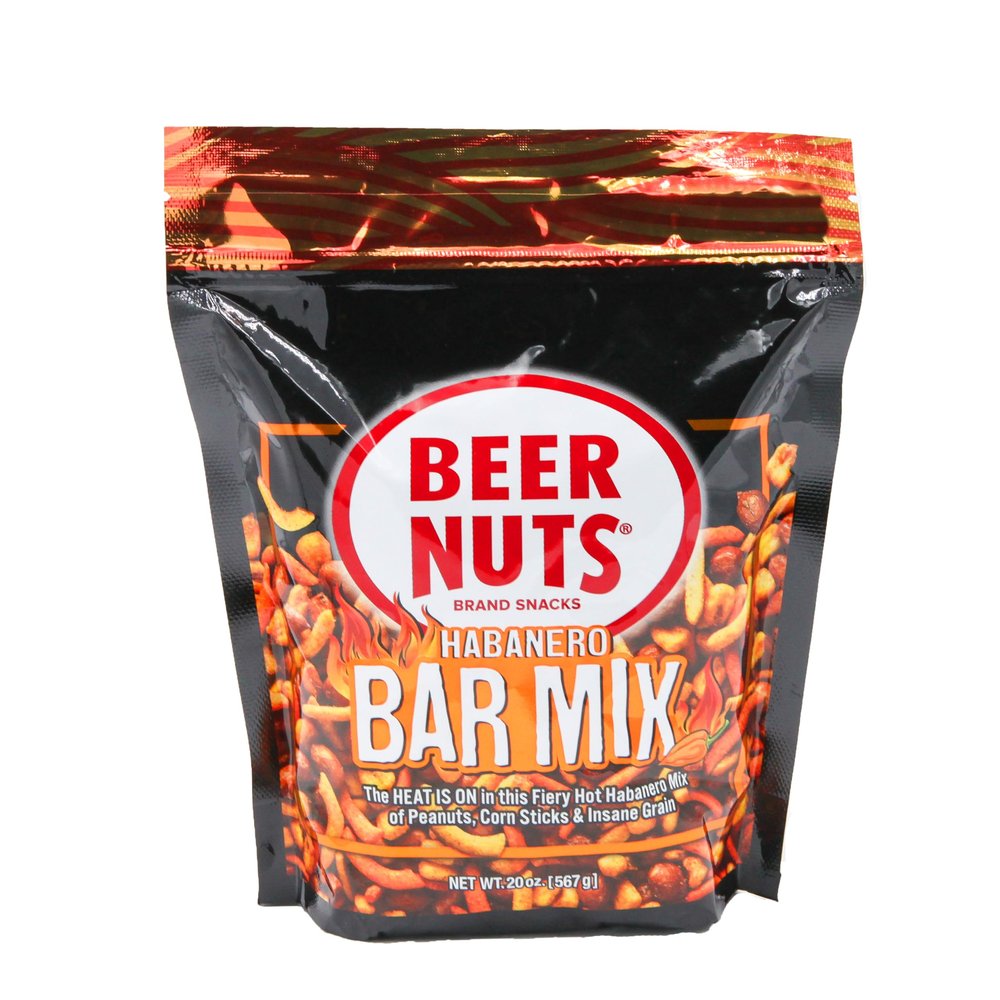BEER NUTS Habanero Bar Mix - Fiery Hot Habanero Mix Of Peanuts, Corn Sticks & Insane Grain - 20oz Resealable Bag (Pack of 1)