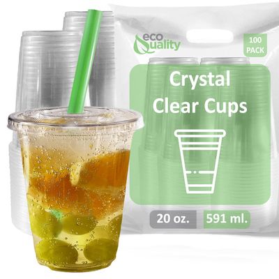 Clear Plastic Disposable Cups with Lids and Smoothie Straws 100 count - 20 oz (ounces) Clear PET Cup for Smoothies, Protein Shakes, Bubble Tea, Iced Coffee, Boba, Fresh Juice, Meal Prep, Party Cup