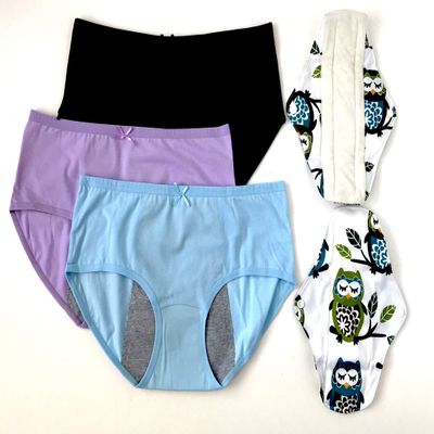 Luna Cup Period Menstrual Panties, Set of 3, and 2 Washable Cloth Menstruation Pads for Women Girls (3 M/L Panties, 2 Pads)