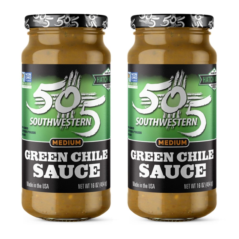 Hatch Valley Green Chile Sauce - (2  16oz) 505 Southwestern - with Recipes (by Beying Malleyteen) (Medium Sauce)