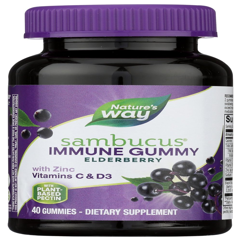 Natures Way Sambucus Elderberry Gummies, Immune Support Gummies*, Black Elderberry with Vitamin C and Zinc, 40 Gummies