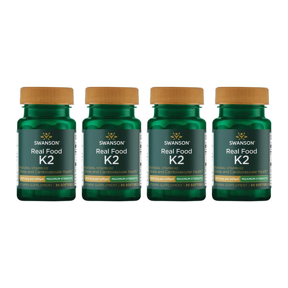 Swanson Maximum Strength Vitamin K2 (Menaquinone-7)-Vitamin Supplement Supporting Cardiovascular and Bone Health-Made from Japanese Natto to Help Regulate Calcium (30 Softgels, 200mcg Each) (4 Pack)