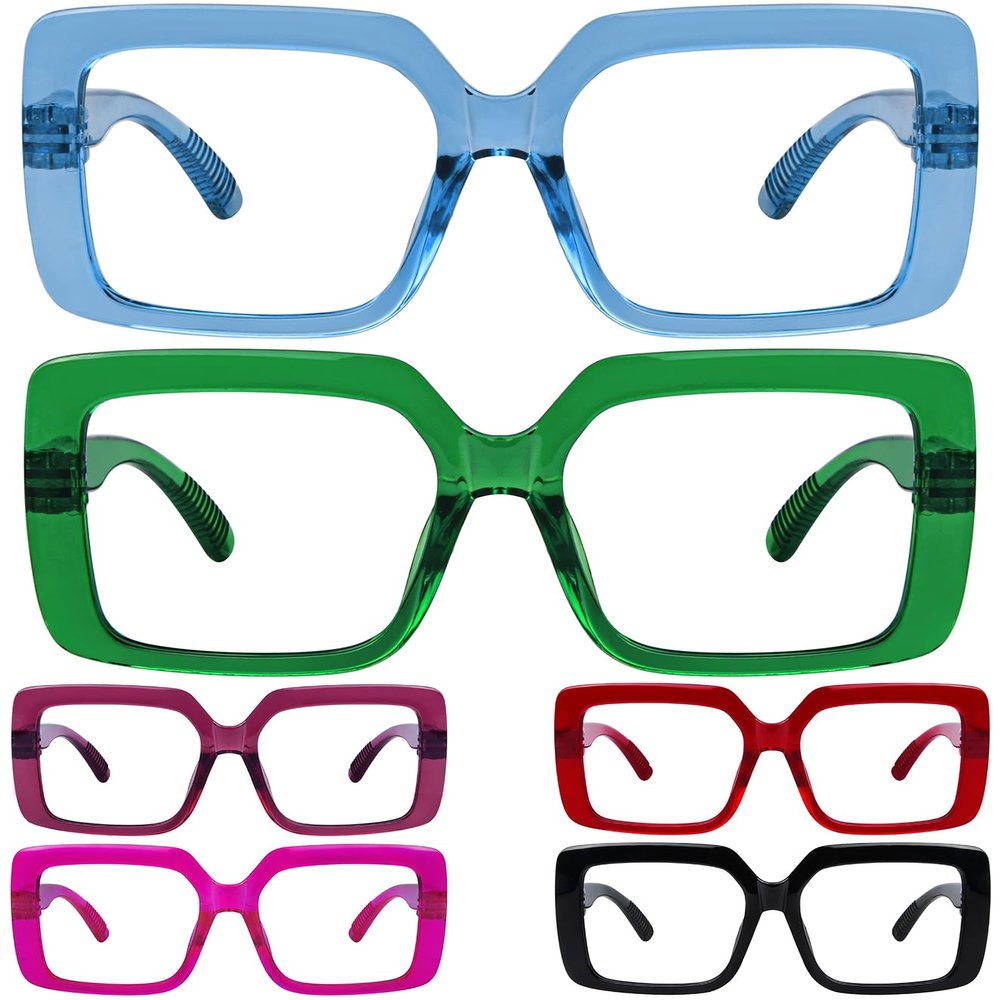 LUR Huge Metalless Screwless Spring Hinges Readers for Women 6 Pack Ladies Oversized Reading Glasses +3.25