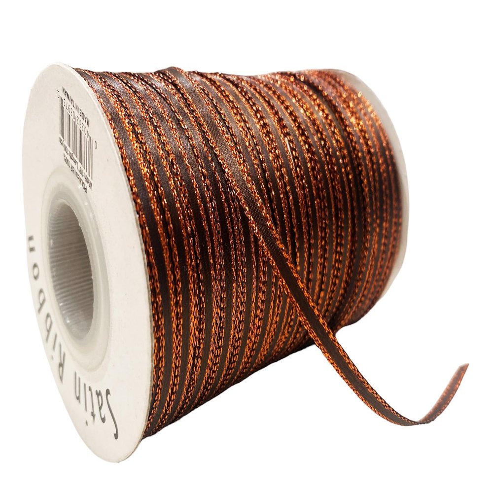 100 Yards 1/8" Double Faced Satin Ribbon with Metallic Edge Great for Christmas Craft, Decoration and Present Wrapping. (Brown)