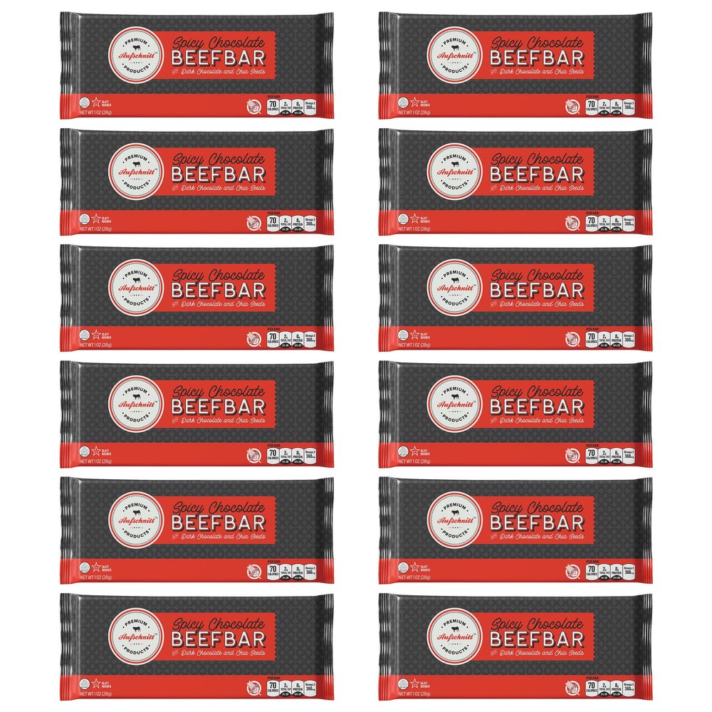 Aufschnitt Beef Bars - High Protein Snack with Grass Fed Beef - Kosher, and Keto Friendly - Dark Chocolate and Chia Seeds, 12 Count