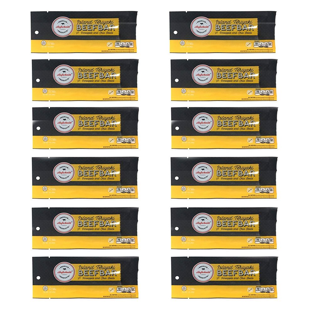 Aufschnitt Beef Bars - High Protein Snack with Grass Fed Beef - Kosher, and Keto Friendly - Island Teriyaki Flavor with Pineapple and Chia Seeds, 12 Count