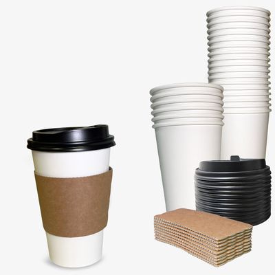 100 Pack - 16 oz Disposable White Paper Coffee Cups with Black Dome Lids and Protective Corrugated Cup Sleeves - Perfect Disposable Travel Mug for Home, Office, Coffee Shop, Travel, Tea
