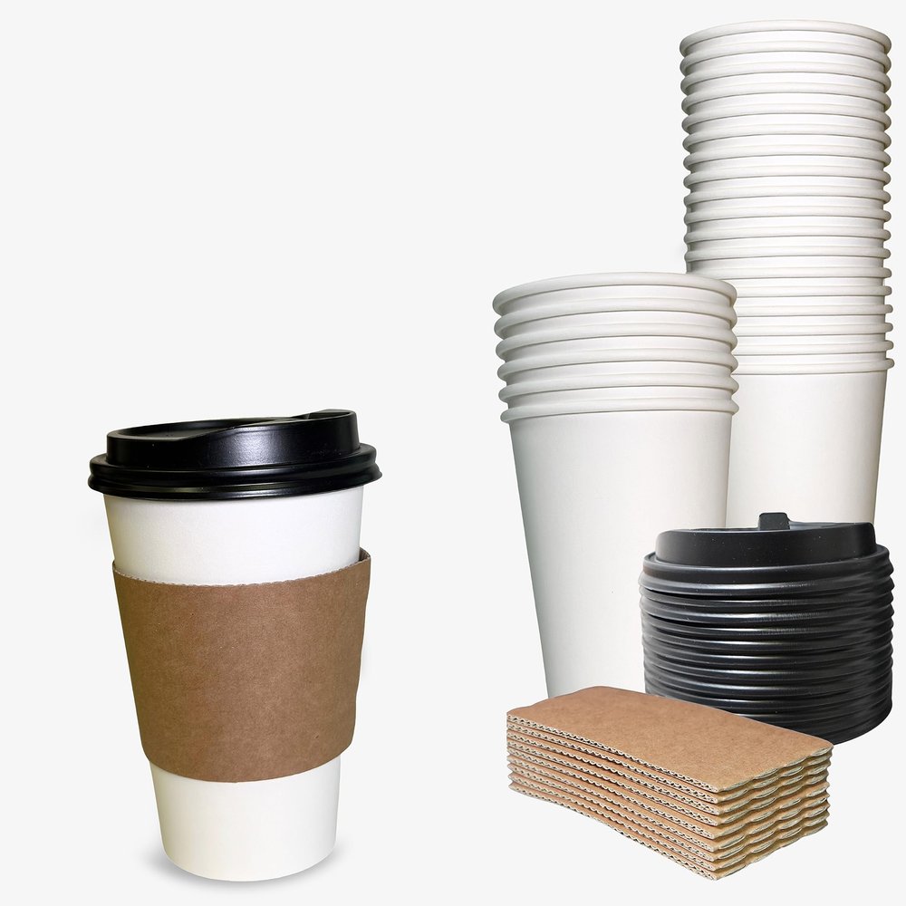 100 Pack - 16 oz Disposable White Paper Coffee Cups with Black Dome Lids and Protective Corrugated Cup Sleeves - Perfect Disposable Travel Mug for Home, Office, Coffee Shop, Travel, Tea