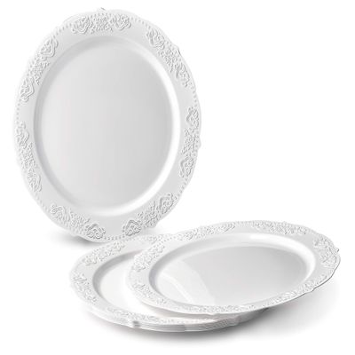 OCCASIONS 360 Pcs set (60 guest) Wedding Disposable Plastic Plate and Silverware Combo 10.25" + 7.5" + Silverware (Double Fork) (Portofino White, Silver Silverware)