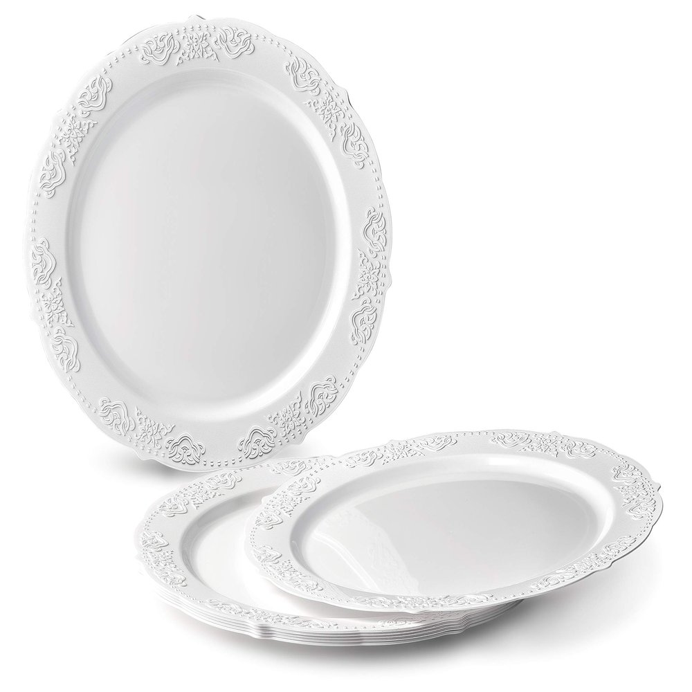 OCCASIONS 360 Pcs set (60 guest) Wedding Disposable Plastic Plate and Silverware Combo 10.25" + 7.5" + Silverware (Double Fork) (Portofino White, Silver Silverware)