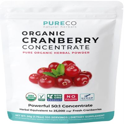 USDA Organic Cranberry Concentrate (50:1) Powder - 500mg is Equivalent to 25,000mg of Fresh Cranberries - For Kidney Cleanse & UTI Support Vitamins - Women - Supplement - 100 Servings - No Pills