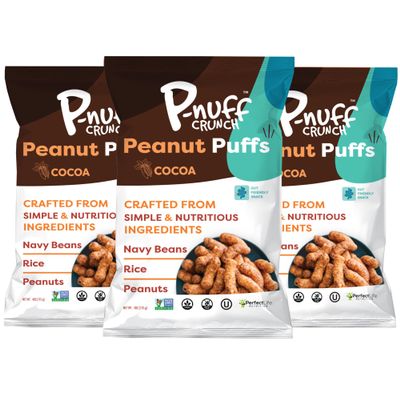 Pnuff Crunch Peanut Butter Puffs - Healthy Snacks, Low Calorie Snacks, Gluten Free Snacks, Vegan, High Protein, Keto, Office Snacks, Low Sugar, as Seen on Shark Tank - Cocoa, 4 Oz Bag (Pack of 3)