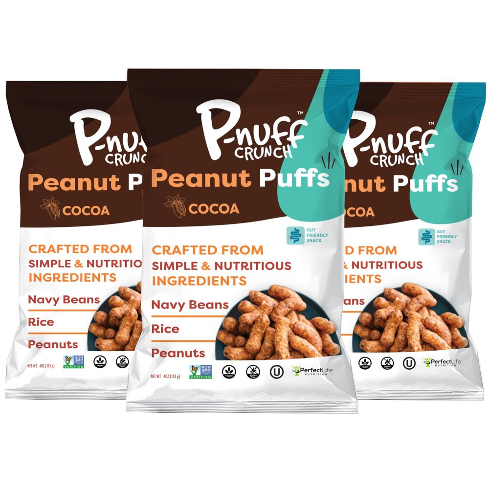 Pnuff Crunch Peanut Butter Puffs - Healthy Snacks, Low Calorie Snacks, Gluten Free Snacks, Vegan, High Protein, Keto, Office Snacks, Low Sugar, as Seen on Shark Tank - Cocoa, 4 Oz Bag (Pack of 3)