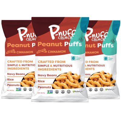 Pnuff Crunch Peanut Butter Puffs - Healthy Snacks, Low Calorie Snacks, Gluten Free Snacks, Vegan, High Protein, Keto, Office Snacks, Low Sugar, as Seen on Shark Tank - Cinnamon, 4 Oz Bag (Pack of 3)