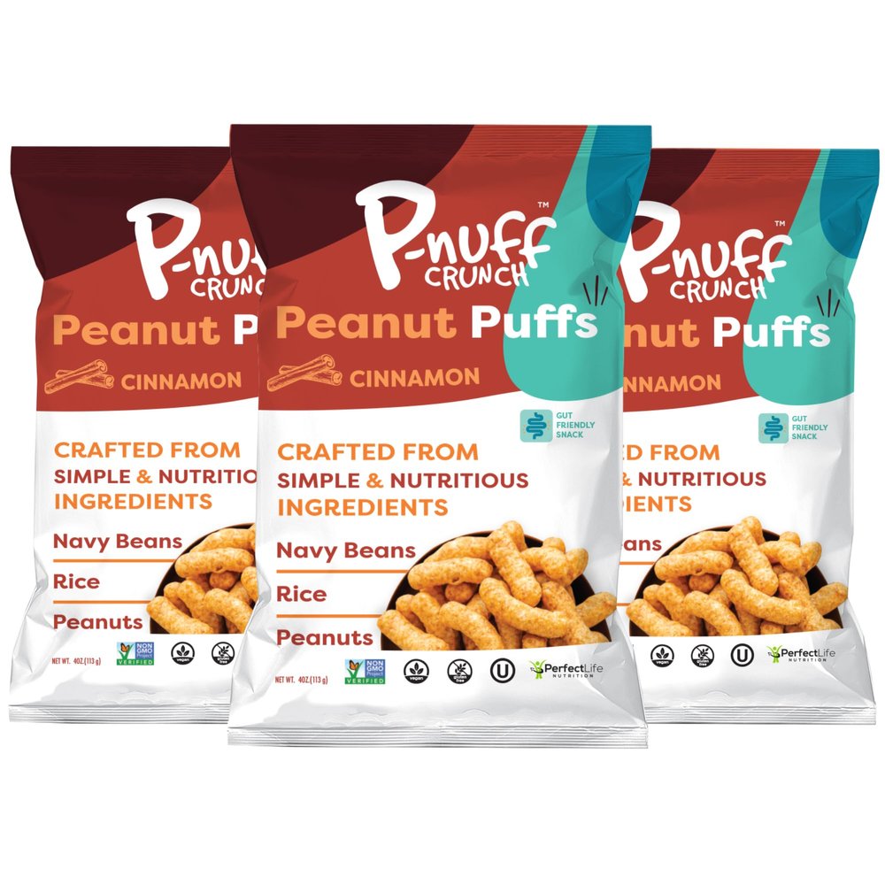 Pnuff Crunch Peanut Butter Puffs - Healthy Snacks, Low Calorie Snacks, Gluten Free Snacks, Vegan, High Protein, Keto, Office Snacks, Low Sugar, as Seen on Shark Tank - Cinnamon, 4 Oz Bag (Pack of 3)