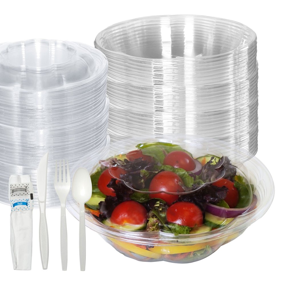 24oz Salad Bowls To-Go with Lids and Cutlery (100 Count) - Clear Plastic Disposable Salad Containers | Lunch, Salads, Fruits, Leak Proof, Airtight, Fresh, Meal Prep, Fork, | Rose Bowl Container (24oz)