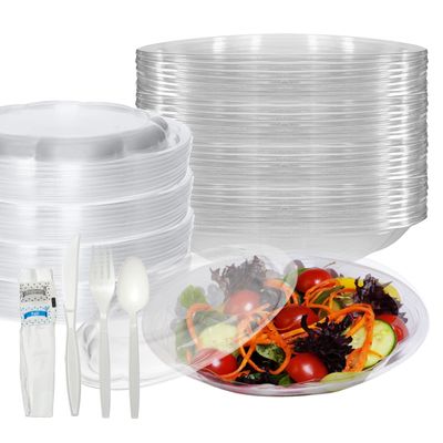 64oz Salad Bowls To-Go with Lids and Cutlery (150 Count) - Clear Plastic Disposable Salad Containers | Lunch, Salads, Fruits, Leak Proof, Airtight, Fresh, Meal Prep, Fork, | Rose Bowl Container
