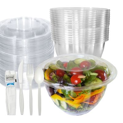 48oz Salad Bowls To-Go with Lids and Cutlery (50 Count) - Clear Plastic Disposable Salad Containers | Lunch, Salads, Fruits, Leak Proof, Airtight, Fresh, Meal Prep, Fork, | Rose Bowl Container (48oz)