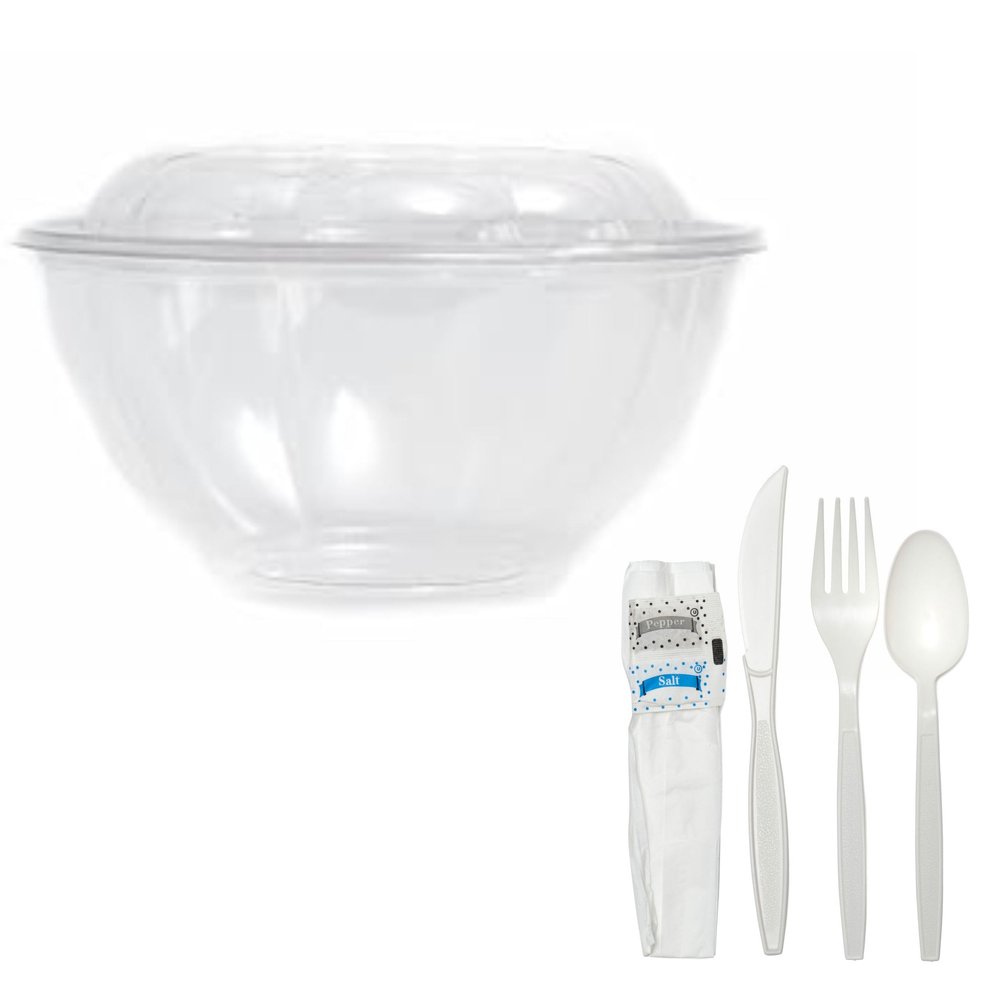 28oz Salad Bowls To-Go with Lids and Cutlery (150 Count) - Clear Plastic Disposable Salad Containers | Lunch, Salads, Fruits, Leak Proof, Airtight, Fresh, Meal Prep, Fork, | Rose Bowl Container (28oz)