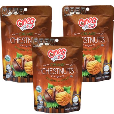 Organic Whole Chestnut-Chestnuts Roasted Peeled, Organic Roasted Chestnuts - Kosher for Passover - 3 Oz Bag (3-Pack, Total of 9 Oz)