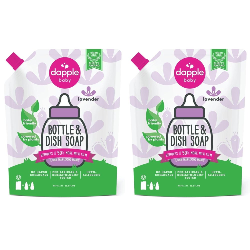 Dapple Baby Bottle Soap, Hypoallergenic Dish Soap for Baby Bottles, Powered by Plants, Lavender, 34 Fl Oz Refill (Pack of 2)