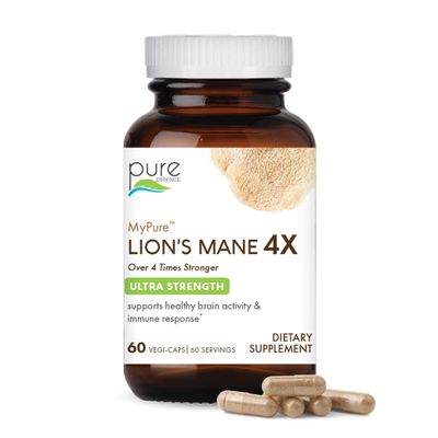 PURE ESSENCE LABS MyPure Lion's Mane 4X - Ultra Strength Brain Support Supplement with 6:1 Hot Water Extract & 10:1 Extract for Cognitive Health, Focus, Memory & Mental Clarity, 60 Capsules