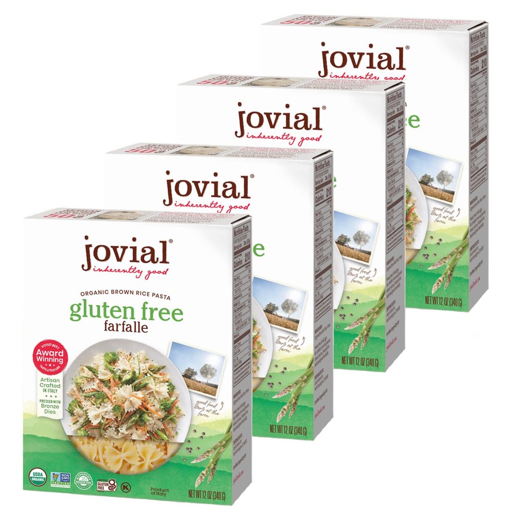 Jovial Whole Grain Brown Rice Farfalle Pasta - Whole Grain Pasta, Organic, Gluten Free, Dairy Free, Brown Rice Pasta, Made in Italy - 12 Oz, 4 Pack