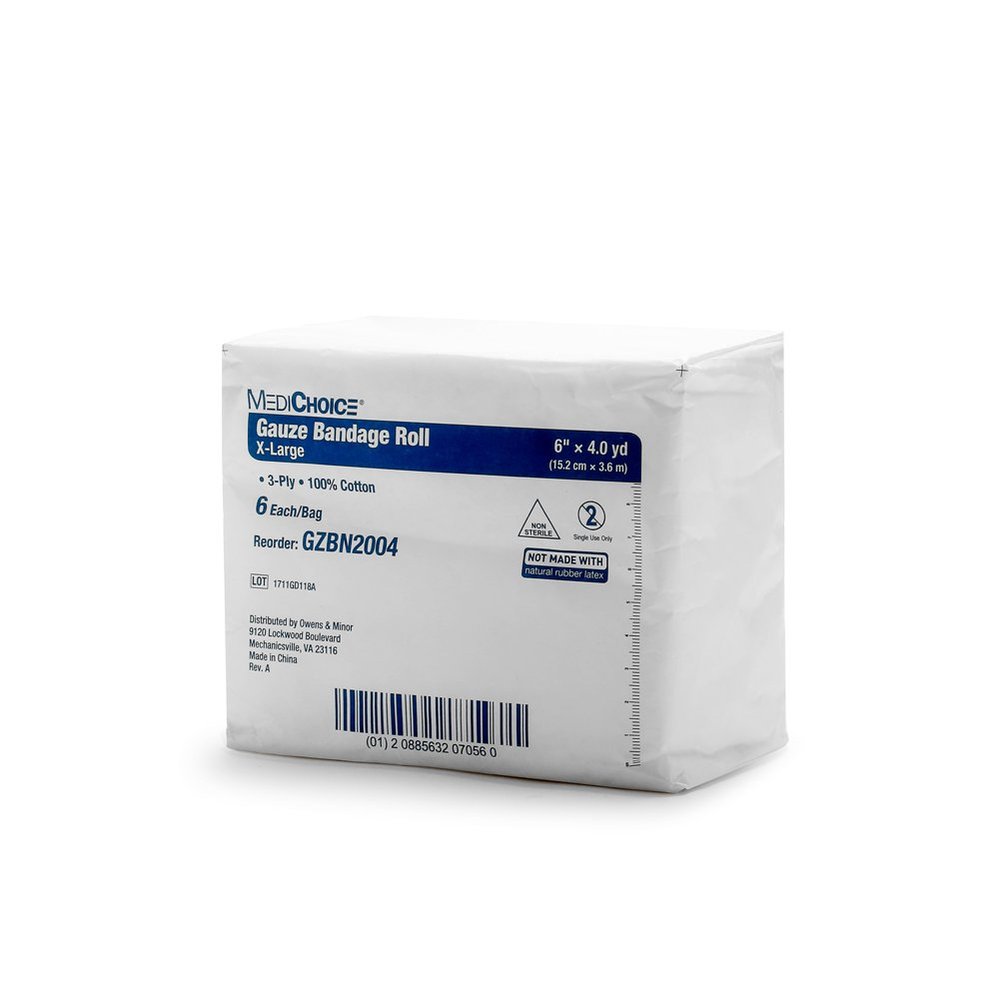 MediChoice Gauze Roll Bandage, 3-Ply, Non-Sterile, 6 Inch x 4 Yards, White, 1314GZBN2004 (Case of 48)