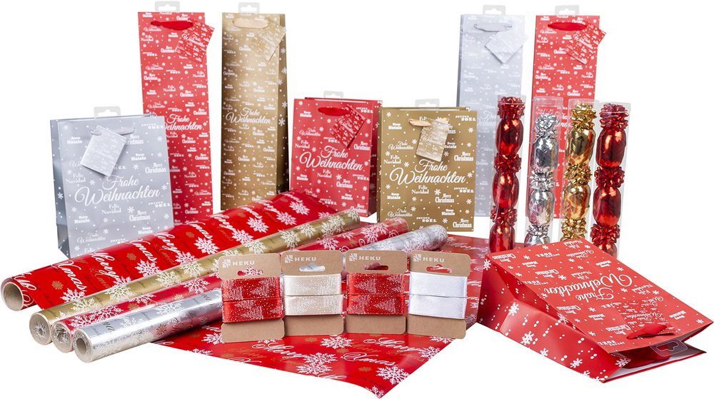 Extra Large Gift Everpackungs 52 Pieces, Merry X-Mas; Set Contains 4 Rolls of Wrapping Paper, 4X Bottle Pockets, 4 Pockets, 4 Gift Ribbons 12 Egg Nests and 24 Self-Adhesive Mini Ice Eifen