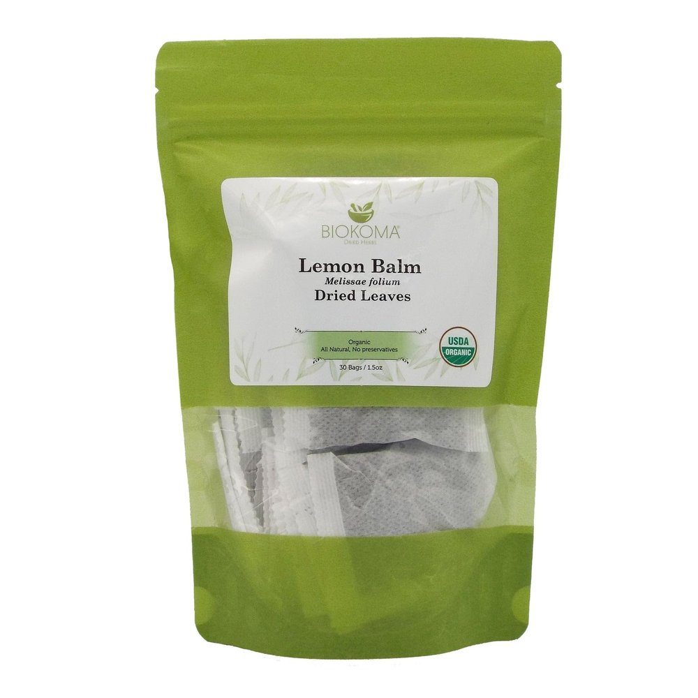 Biokoma Organic Lemon Balm (Melissae folium) Dried Leaves 30 Tea Bags 1.5oz In Resealable Moisture Proof Pouch,USDA Certified Organic-Herbal Tea,No Additives,No Preservatives, No GMO, Kosher