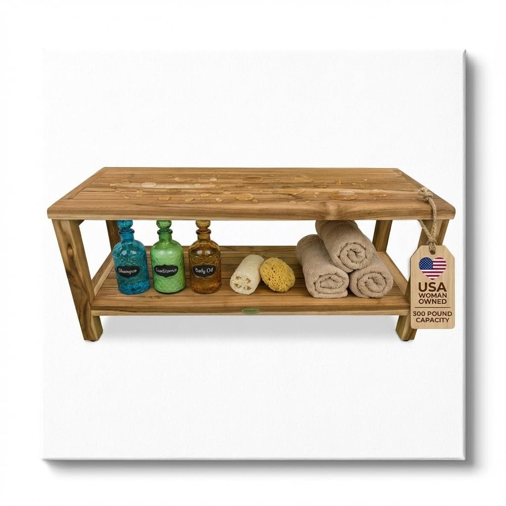 EcoDecors Teak Shower Bench with Large Storage Shelf 36", 300 lb Capacity Waterproof Bathroom Seat with Non-Slip Feet, Elegant Natural Teak Finish, Ideal for Adults, Seniors, & Spa-Style Bathrooms