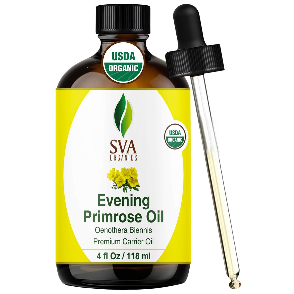 SVA Evening Primrose Oil Organic - 4 Fl Oz 100% Natural Cold Pressed Organic Evening Primrose Oil - for Face, Skin Care, Hair Care, Scalp Massage & Body Massage Carrier Oil with Dropper