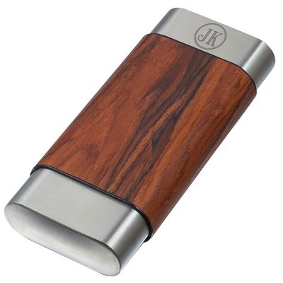 Personalized Visol Carver Natural Wood and Stainless Steel Cigar Case - Free Engraving (Two Initials)