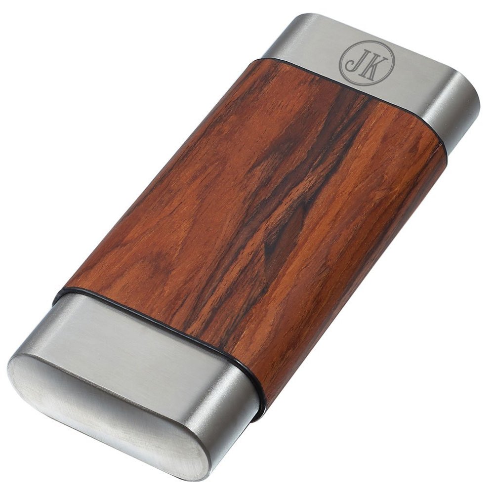Personalized Visol Carver Natural Wood and Stainless Steel Cigar Case - Free Engraving (Two Initials)