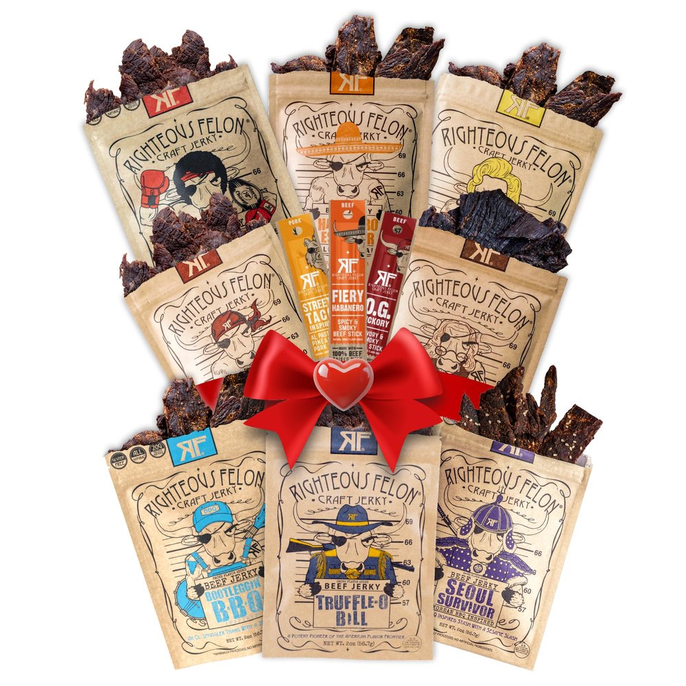 Righteous Felon Beef Jerky & Meat Sticks Variety Pack | Gluten Free Snack Packs for Adults | High Protein, Keto, Low Sugar | Made with Premium Meats | Valentines Day Gifts for Men | 11 Pack Sampler