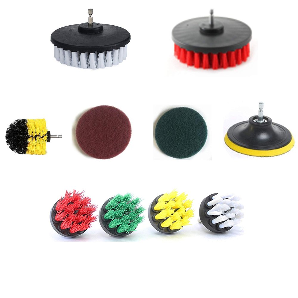 10 Piece Drill Brush Attachments: 5 inch Drill Brushes & Scouring Pads & Suction Cup - Clean Tough Dirt - for Marble/Granite Tile, Grout, Rim, Kitchen Sink,Carpet, Coated Doors, Fiberglass Tubs