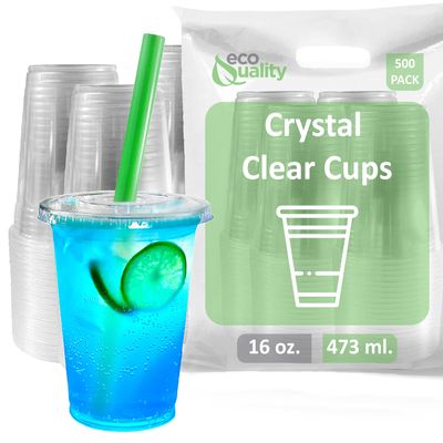 Clear Plastic Disposable Cups with Lids and Smoothie Straws 500 Count - 16 oz (Ounces) Clear PET Cup for Smoothies, Protein Shakes, Bubble Tea, Iced Coffee, Boba, Fresh Juice, Meal Prep, Party Cup