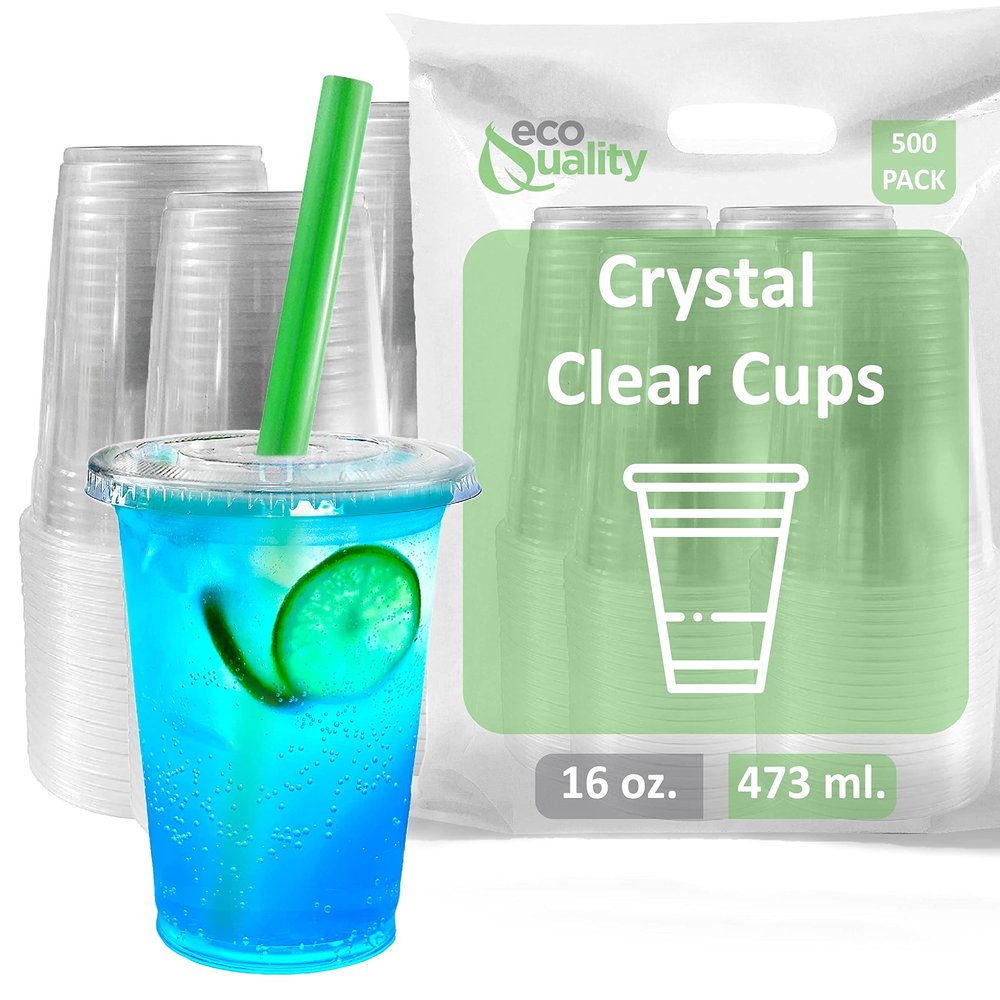 Clear Plastic Disposable Cups with Lids and Smoothie Straws 500 Count - 16 oz (Ounces) Clear PET Cup for Smoothies, Protein Shakes, Bubble Tea, Iced Coffee, Boba, Fresh Juice, Meal Prep, Party Cup