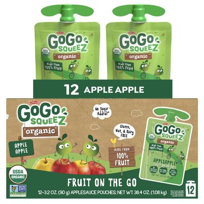 GoGo squeeZ Organic Applesauce and Fruit Puree, Apple Apple, 3.2 oz (Pack of 12), Unsweetened Organic Fruit Snacks for Kids, Gluten Free, Nut Free and Dairy Free, Recloseable Cap, BPA Free Pouches