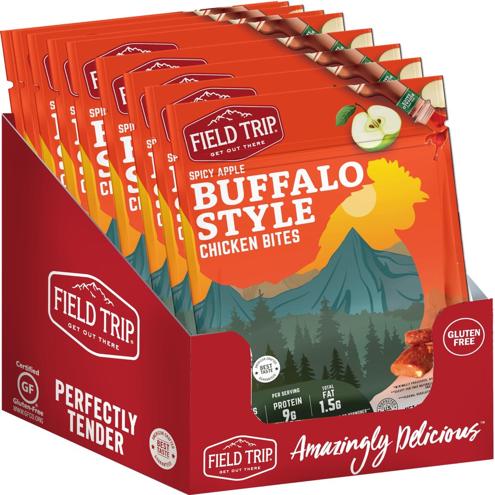 Field Trip Chicken Jerky Bites, All Natural and Gluten Free, Keto and Paleo-Friendly Healthy Snack, Low Calorie, High Protein Snacks with No Nitrates, 2.2oz Bag, 9 Pack, Spicy Buffalo Style
