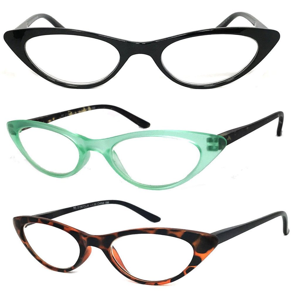 3 Pairs K02 Retro Woman Cat Eye Full Lens Reading Glasses Spring Temple (Black/Green/Brown, 1.50)