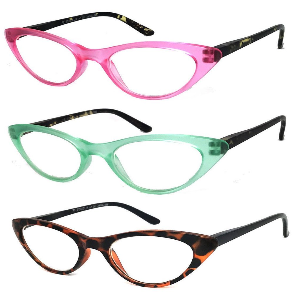 3 Pairs K04 Retro Woman Cat Eye Full Lens Reading Glasses Spring Temple (Pink/Green/Brown, +2.25)