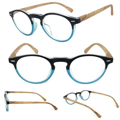 1 Pairs Round Keyhole Full Clear Lens Reading Glasses Faux Wood Spring Arms (Blue, 1.00)
