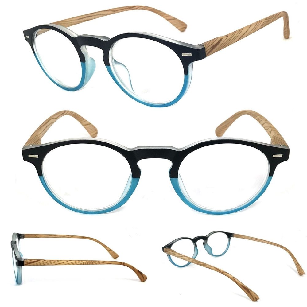 1 Pairs Round Keyhole Full Clear Lens Reading Glasses Faux Wood Spring Arms (Blue, 1.00)
