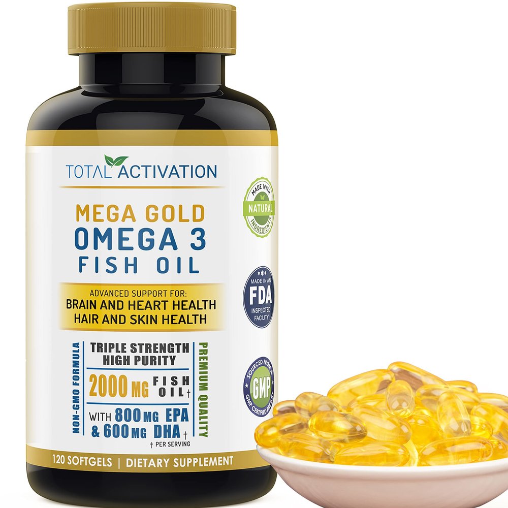 Omega 3 Fish Oil Supplement 2000mg with EPA DHA & Vitamin E Burpless, Triple Strength Support for Men & Women 120 Easy Swallow Softgels