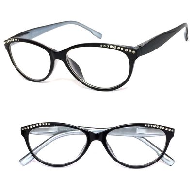 Womens Retro Cat Eye Rhinestones Reading Glasses Clear Lens Spring Hinges (Black(Silver Inside), 2.25)