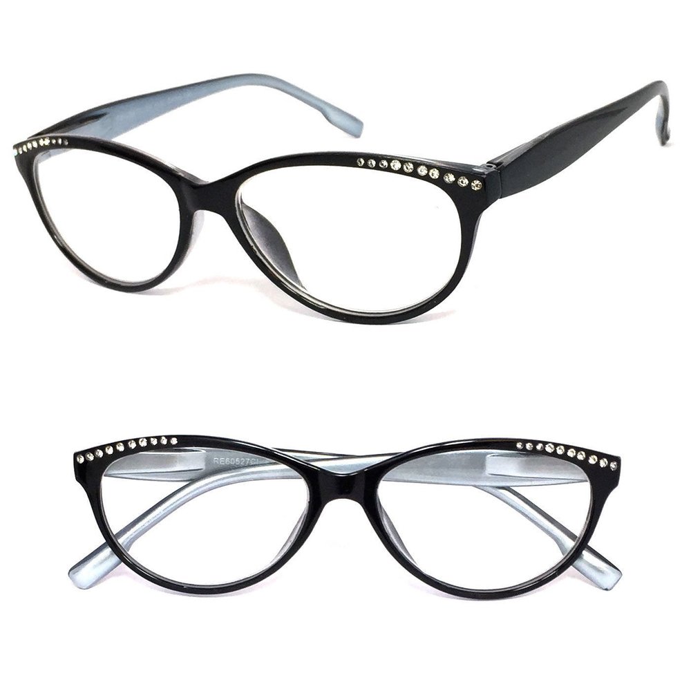 Womens Retro Cat Eye Rhinestones Reading Glasses Clear Lens Spring Hinges (Black(Silver Inside), 2.25)