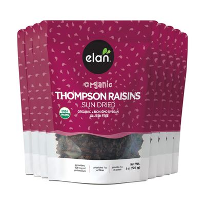 Elan Organic Sun-Dried Thompson Raisins, Dried Fruits, No Added Sugar, Non-GMO, Vegan, Gluten-Free, Kosher, Healthy Snacks, Naturally Sweet Snack, 8 pack of 7.9 oz