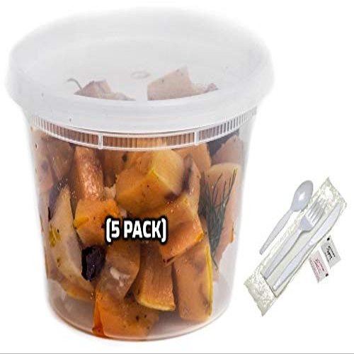 EcoQuality 16 oz - 5 Count - Plastic Soup Containers with Cutlery for Meal Prep, Soup, Deli, Lunch, Togo, Microwave Safe, Dishwasher Safe, Heavy Duty (16 Ounce)